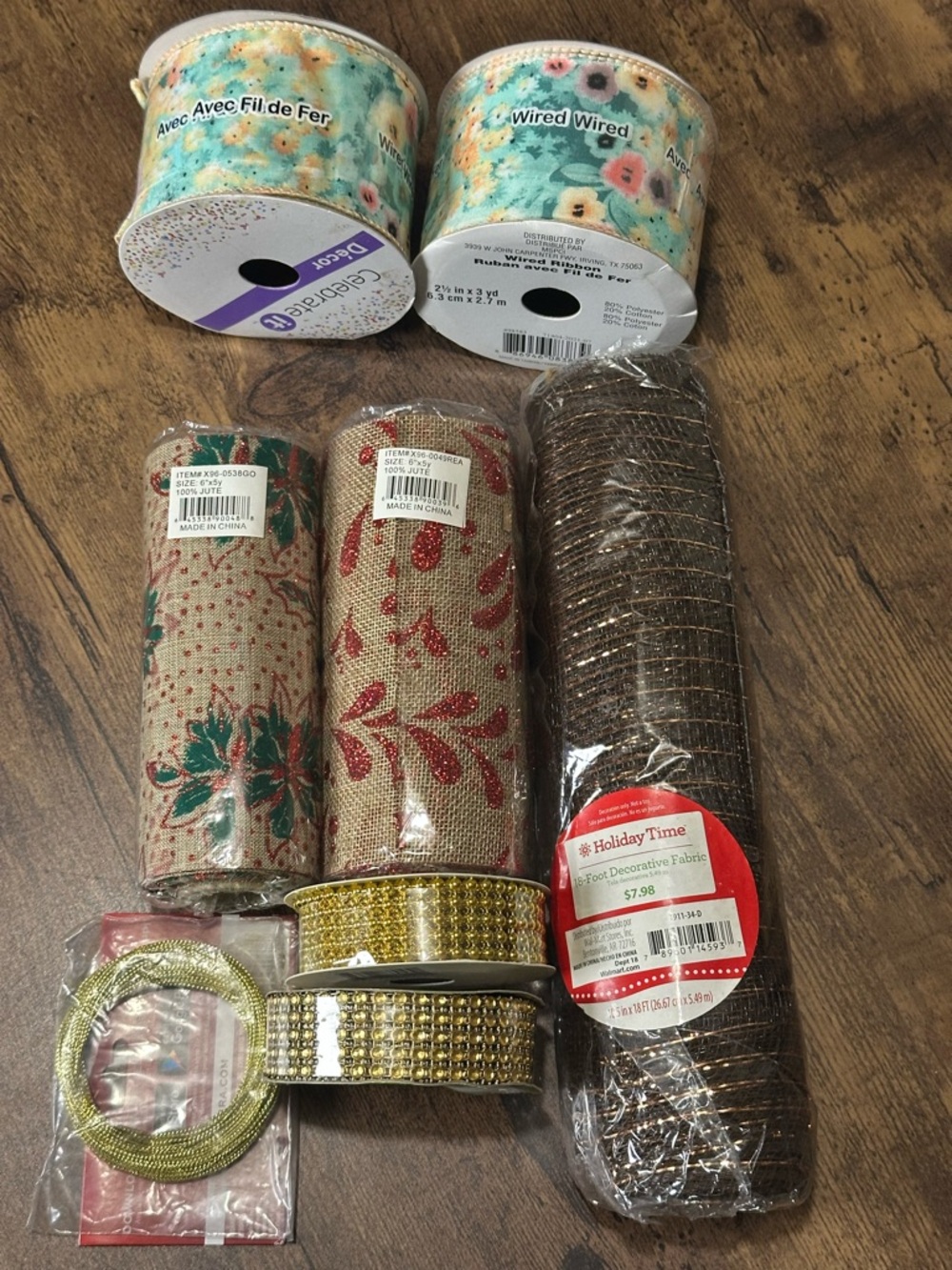 Holiday Time Decorative Ribbon and Trim Assortment in Gold, Brown, Teal, Red